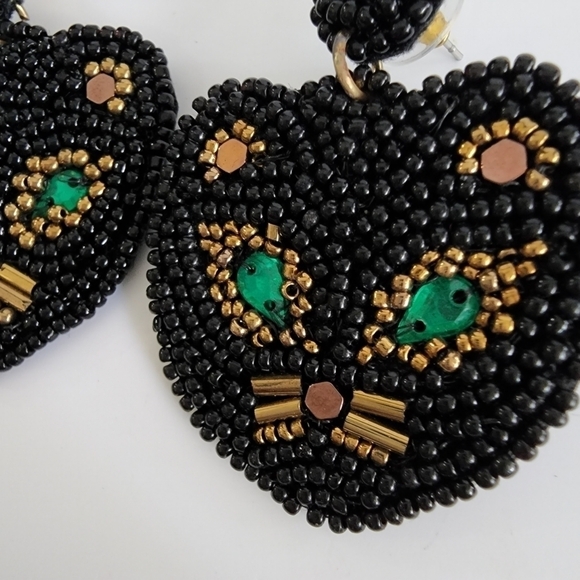NEW Black Panther Cat Seed Beaded Dangle Earrings - Picture 4 of 8